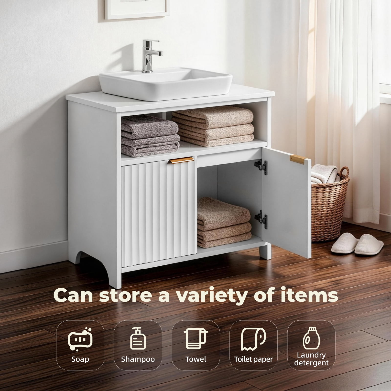 Ktaxon Fluted Bathroom Vanity Under Sink Pedestal with Two Doors and One Shelf, White