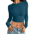 thumbnail image 1 of MIASHUI T-Shirt à Manches Longues Court Ajusté Col Rond Uni pour Femmes Couche de Base Supérieure Marine,P, 1 of 4