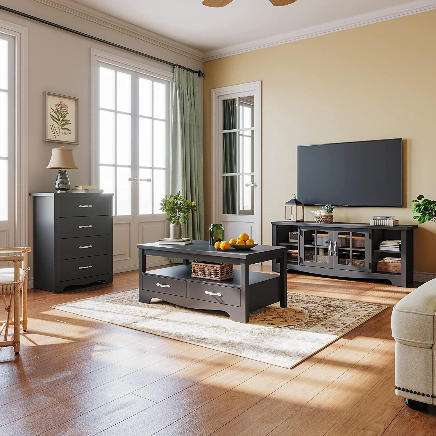 LINSY HOME Coffee Table with Storage Drawers, Wooden Farmhouse TV Stand Center Table for Living Room, Black