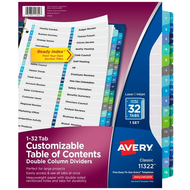 Avery Ready Index 32 Tab Double Column Binder Dividers, Customizable