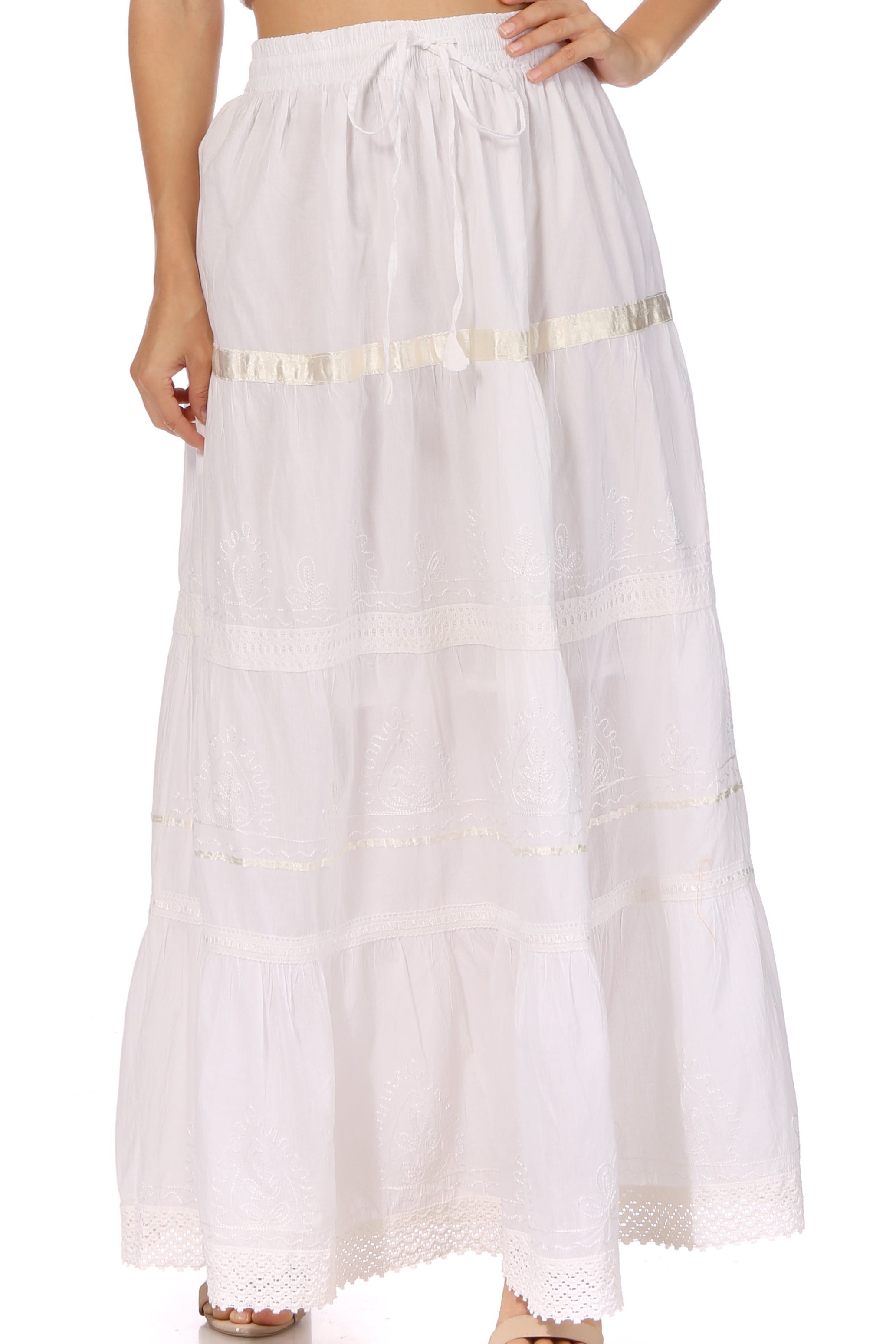 Sakkas Solid Embroidered Gypsy / Bohemian Full / Maxi / Long Cotton Skirt -  White - One Size - Walmart.com