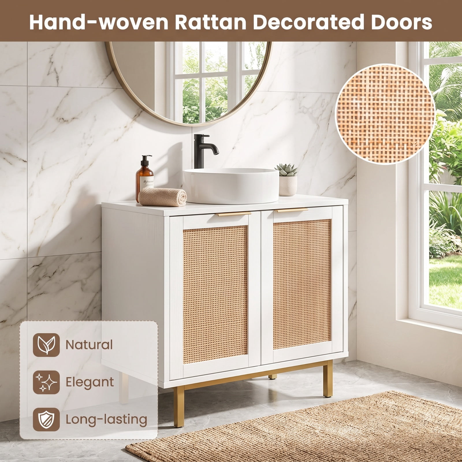 Vebreda Freestanding Bathroom Storage Cabinet, Bathroom Vanity Cabinet with U-Shaped Cut-Out 2 Rattan Doors and Shelf, Hidden Sink Organizer