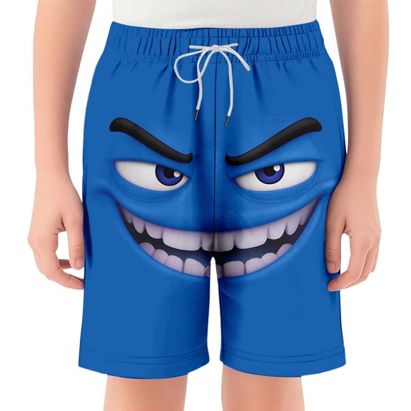 VNKIDY Boys Swim Trunks Kids Funny Face Prints Elastic Drawstring Waist Quick Dry Breathable Beach Shorts For Beach Pool Summer Wear Trendy Bottoms Blue 5-6 Years