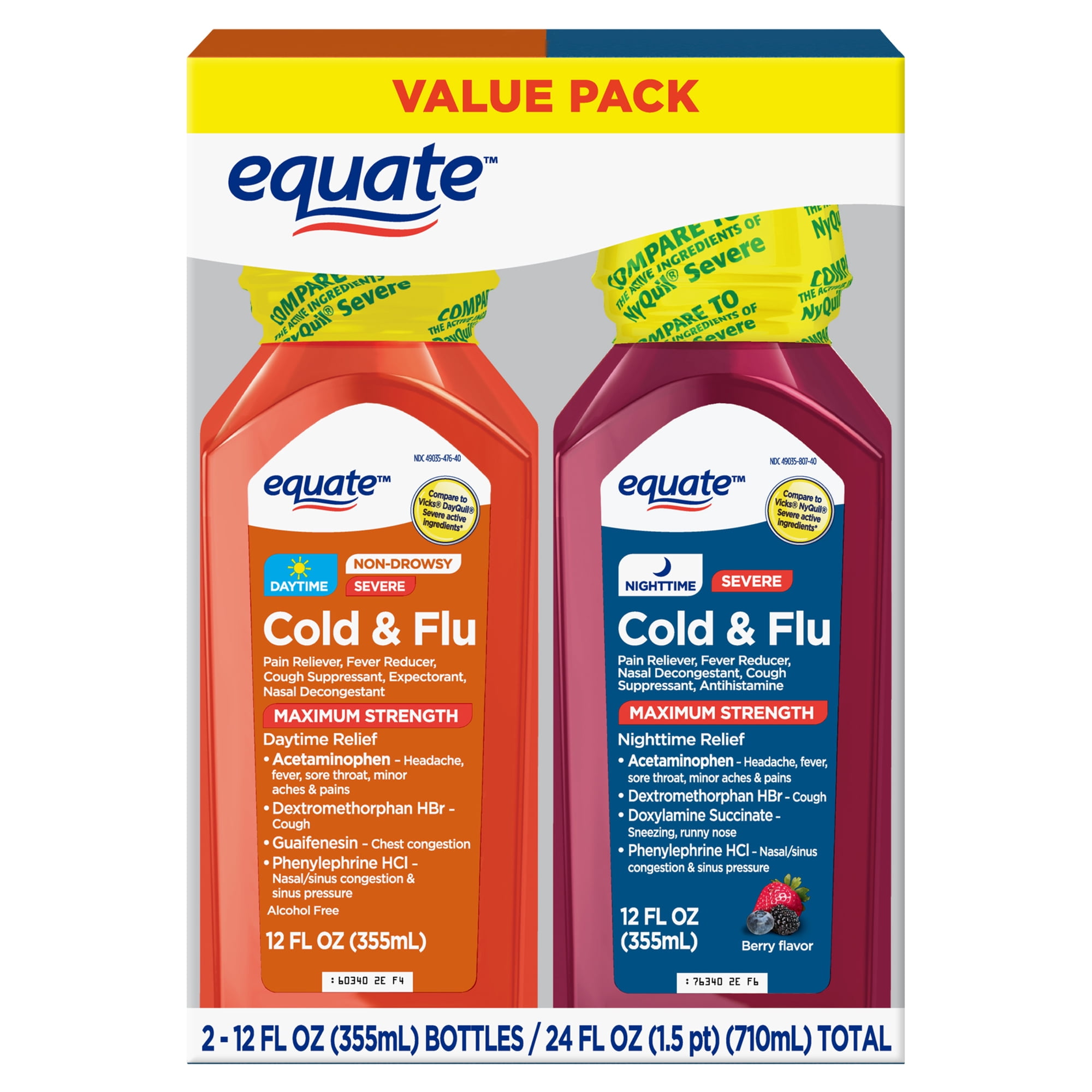 Equate Max Strength Severe Cold & Flu Relief Daytime and Nighttime Combo Pack, 12 fl oz