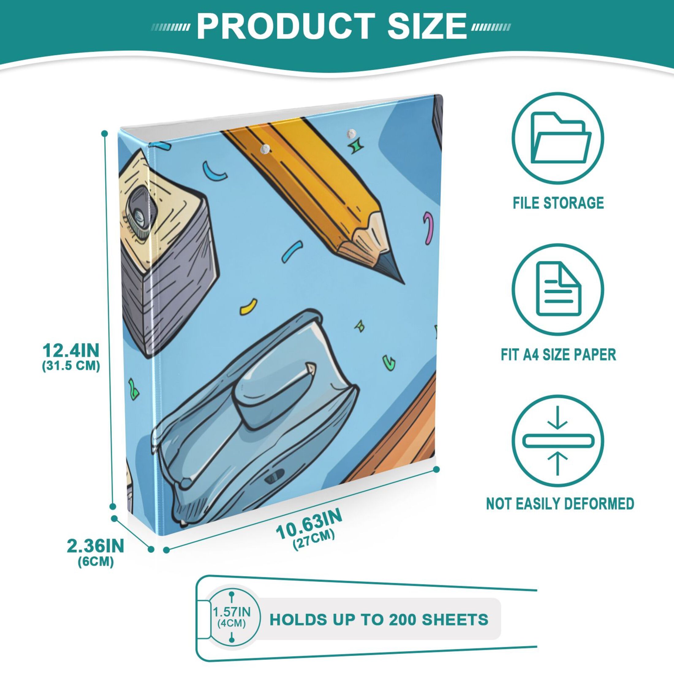 Pencil Sharpener 3 Ring Binders 1.5 inch Hardcover File Folders with Interior Pockets A4 Size Organizer for School Office Hospital