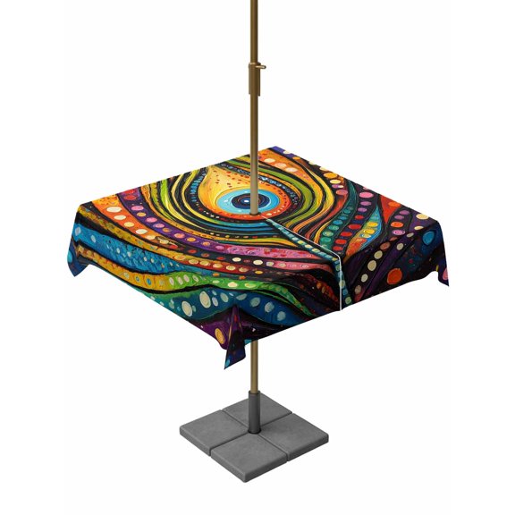 Outdoor Tablecloth with Umbrella Hole, Peacock Feather Colorful Stripe Zippered Table Cloth for Rectangle Tables, Abstract Art Washable Waterproof Tablecloths for Picnic Patio Garden