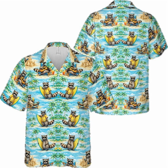Lotusprinthandmade Raccoon Surfing Short-sleeve Hawaiian Shirt S-5XL (S)