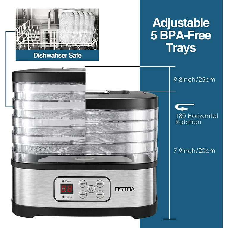 BENTISM 5 Trays Food Dehydrator Machine Adjustable Timer 300W Jerky Fruit  Drying 