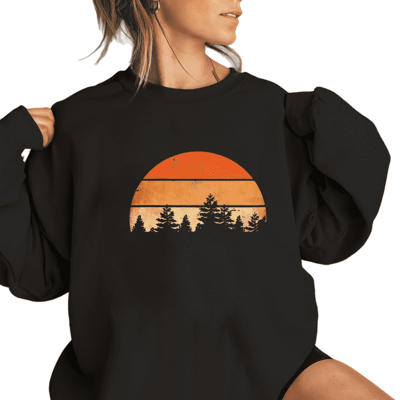 Women's Sunset Tree Graphic Breathable Sweatshirt Top Comfortable Round-neck long-sleeved Black S-3XL