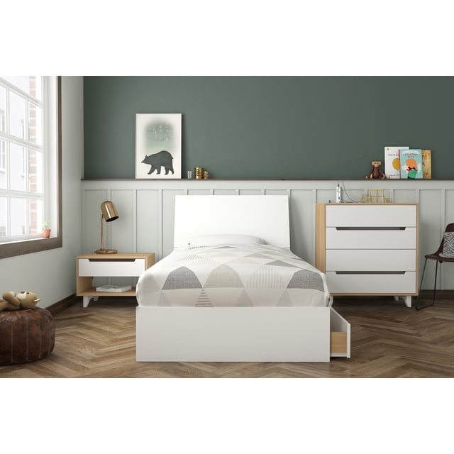 Nexera 4-Piece Bedroom Set With Bed Frame, Headboard, Nightstand & Dresser In Twin|White & Natural Maple