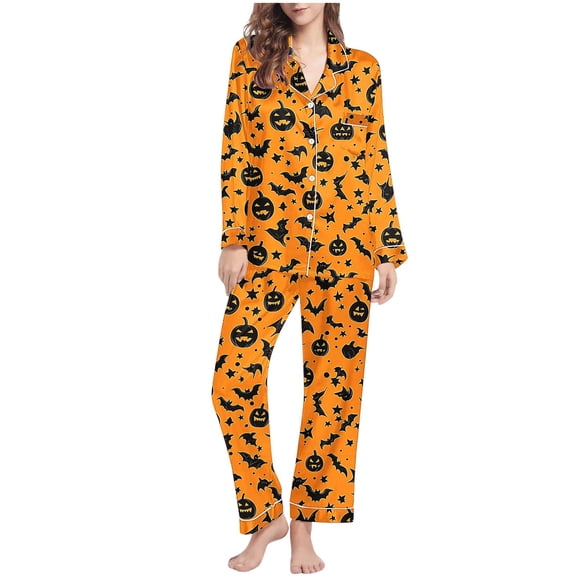 Uaswgudfs Women's Halloween Print Flannel Pajama Set - Cozy Button-Up Shirt & Straight-Leg Pants for Festive Loungewear Orange-A L