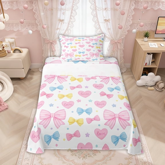 Manfei Colorful Bow Love Heart Twin Sheet Sets for Girls, Cute Ribbon Bedding, 3pcs
