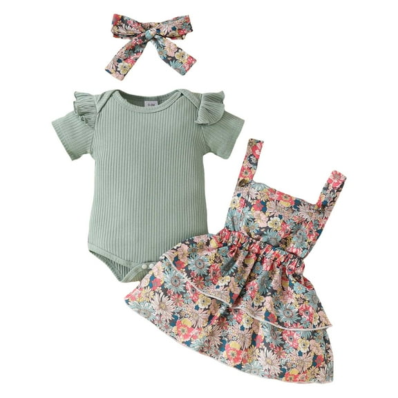 KPOPLK Baby Girl Clothes Short Sleeve Romper Suspender Skirt Overall Dress Cute Baby Girl Summer Outfit(S#-Green,0-3 Months)