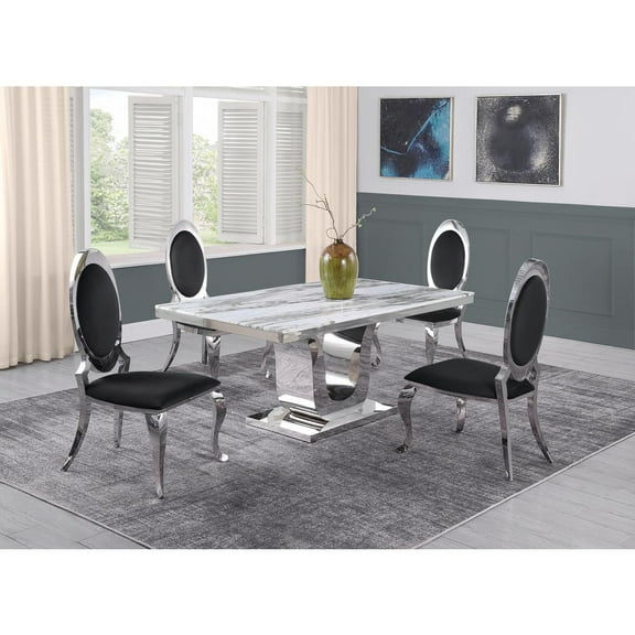 White Marble 5 piece Dining Set with Silver Stainless Steel Base