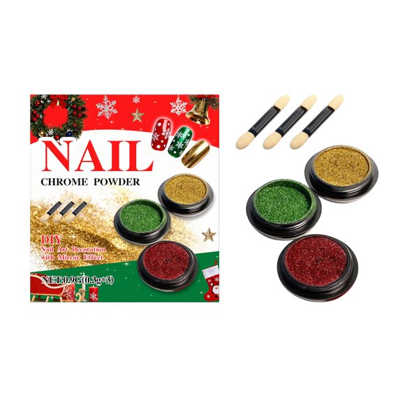 Pigmentos metálicos para uñas en 3 colores: verde/rojo/cromo, textura fina, fáciles de aplicar, para uñas de gel/manicuras DIY, con palitos de esponja, 0,35 g cada uno
