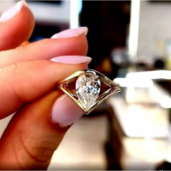 2.00Ct Pear Cut Moissanite Solitaire Engagement Ring 14k Yellow Gold Plated