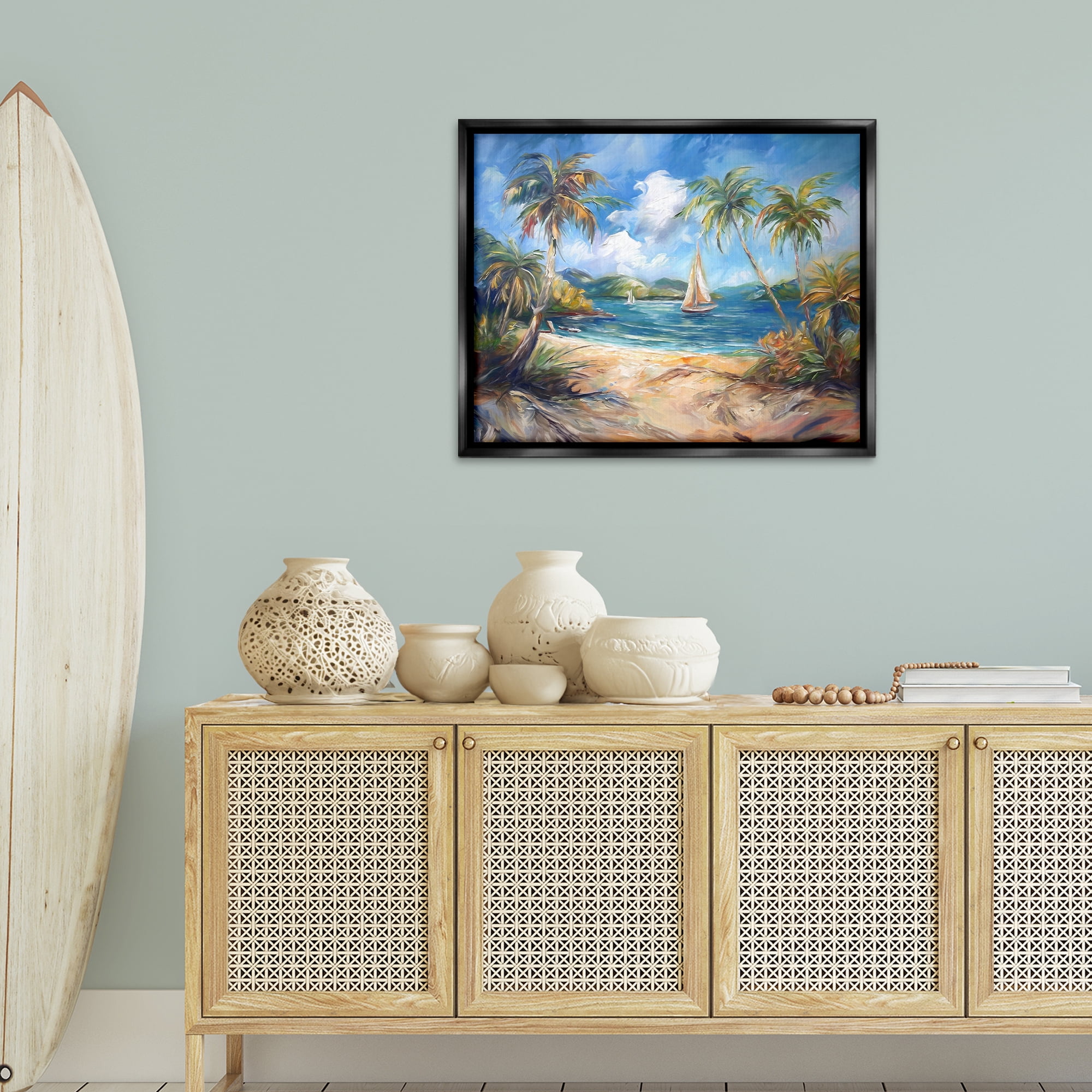 Stupell Industries Paradise Beach Harbor Coastal Painting Black Floater Framed Canvas Art Print Wall Art, 31 x 25