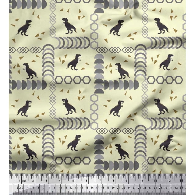 Soimoi Satin Silk Fabric Geometric Shapes & Dinosaur Animal Print Sewing Fabric Yard 42 Inch Wide