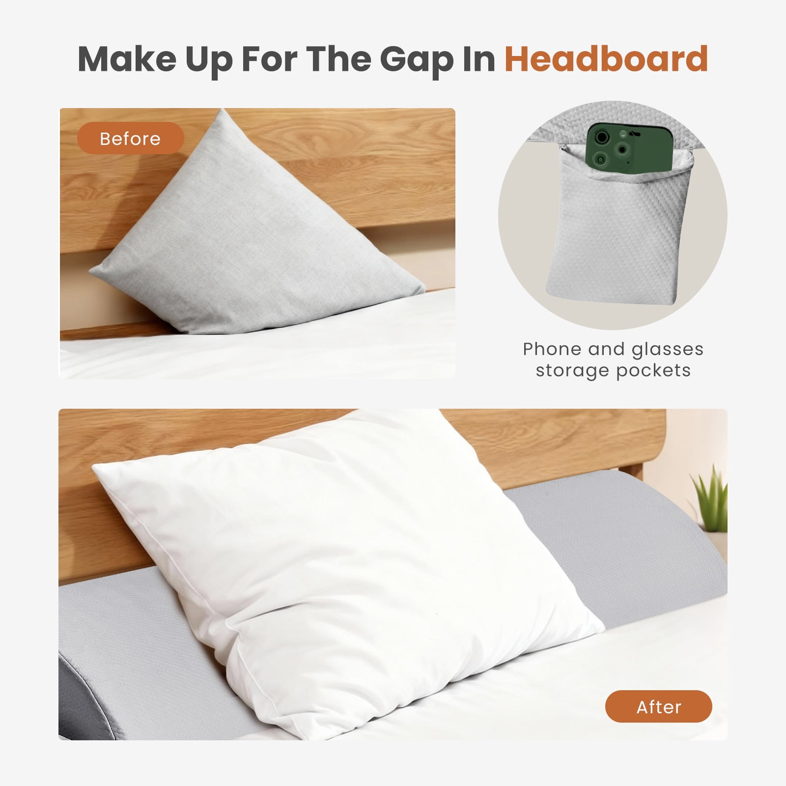 CONCETTA Headboard Gap Filler Pillow - High-Density Foam Wedge for Mattress-to-Headboard Space, with Storage Pocket & Removable Cover, King