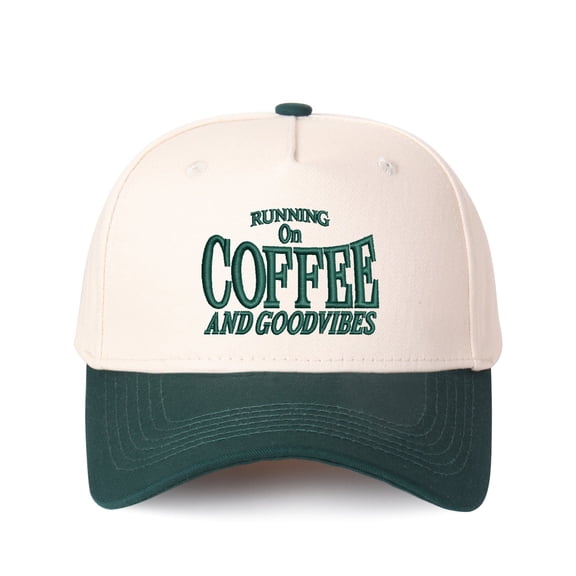 RUNNING ON COFFEE AND GOOD VIBES Letter Embroidered Color Block Trucker Hat Unisex Adjustable Cotton Breathable Fashion Cap for Travel Daily Wear