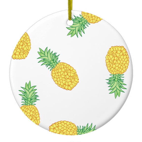 DistinctInk Hanging Ceramic Christmass Tree Ornament with Gold String - Great Gift / Present - 2 3/4 inch diameter - Repeating Pineapple Pattern