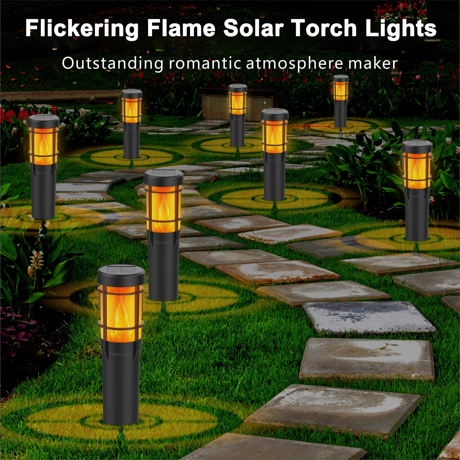 Solar Lights Outdoor, 4 Pack Flickering Flame Torch Light with RGB 7 Color Changing, Landscape Lighting Pathway Lights Outdoor Waterproof, Solar Flame Torches for Outside Garden Yard Patio Path Decor