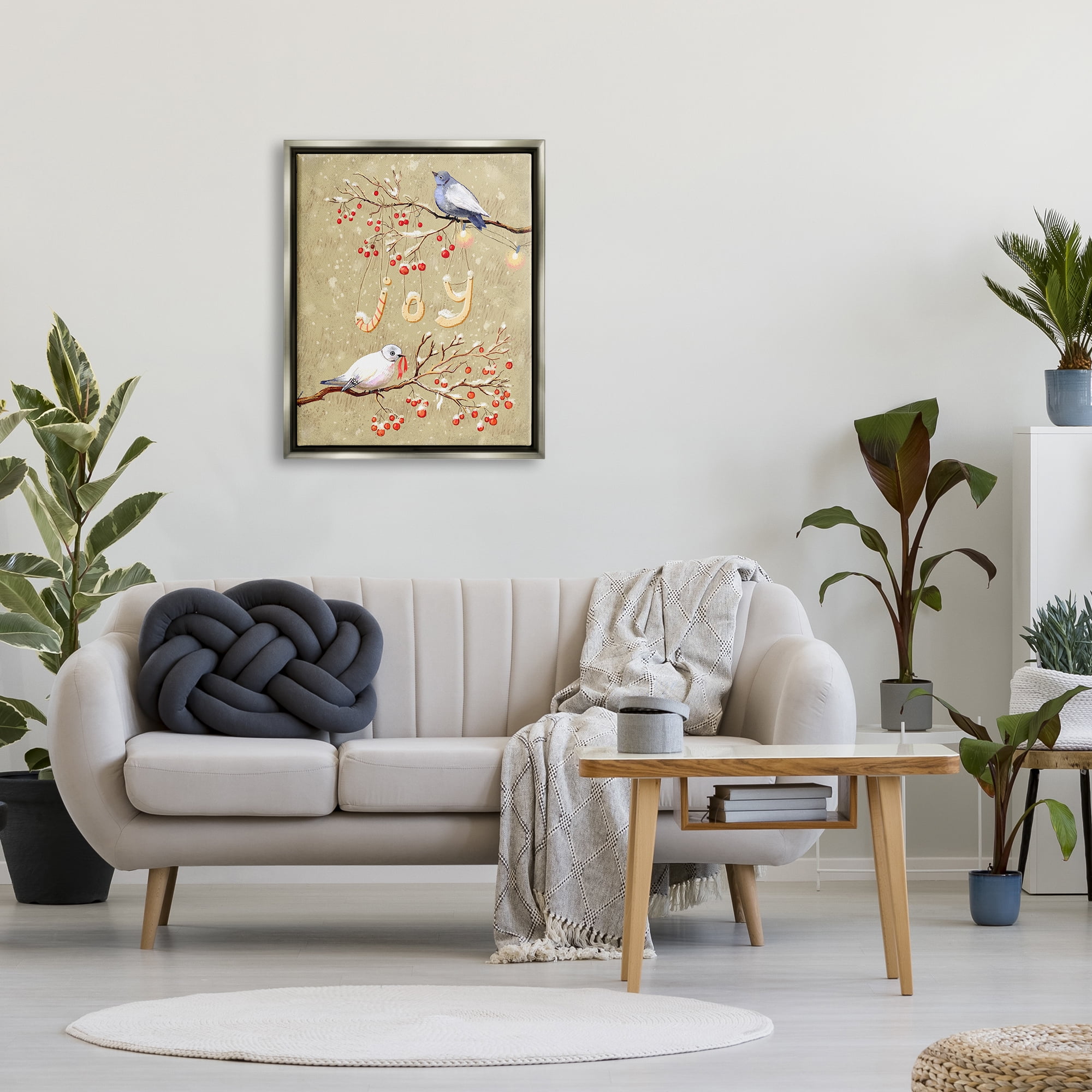 Stupell Industries Joy Birds on Winter Branches Holiday Painting Gray Floater Framed Canvas Art Print Wall Art, 25 x 31