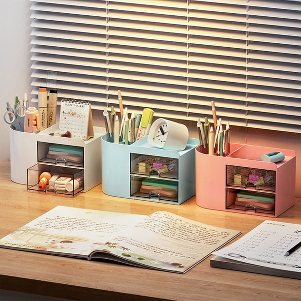 Organizador de cajas de almacenamiento en cajones cosméticos | Caja de almacenamiento de sobremesa de plástico blanca, azul, rosa 18x9,5x10,5cm | Contenedor polivalente para oficina en casa para