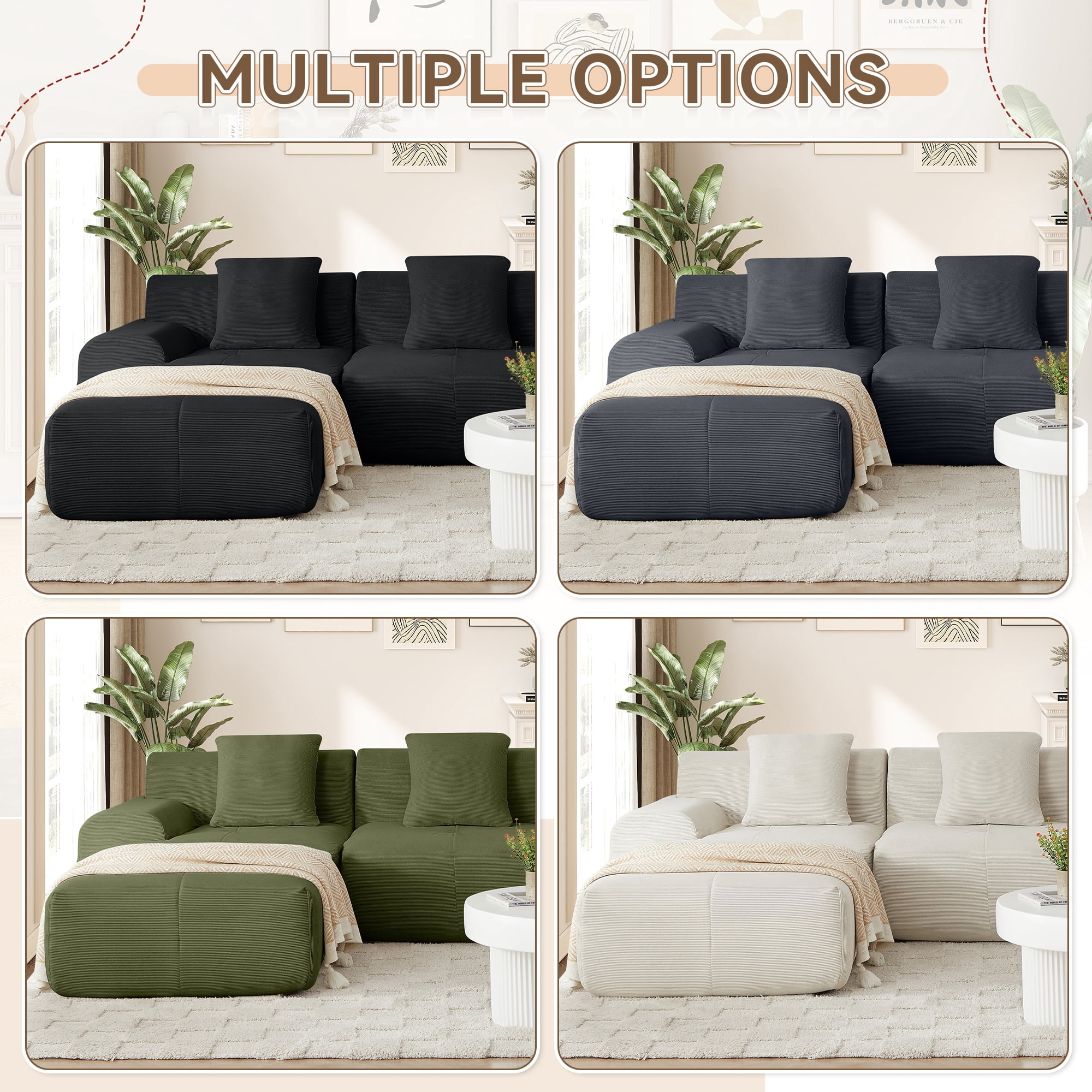 Muumblus 113" L-Shaped Modular Sectional Sofa, Oversized Corduroy Cloud Couch for Living Room, Black