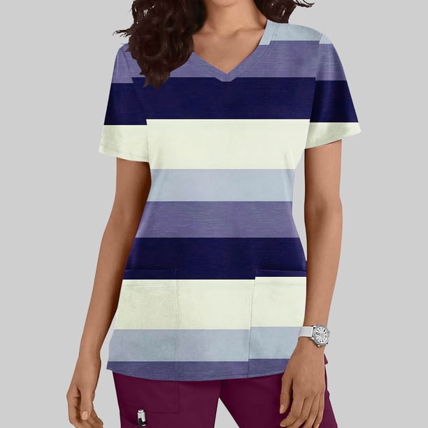 Puntoco Liquidación de blusas cortas para mujer, moda informal para mujer, cuello en V, estampado, manga corta, bolsillo, vestido de enfermera