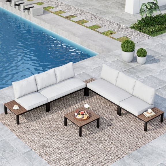 MF Studio 6-Seat Outdoor Patio Furniture Set, Outdoor Sectional Conversation Set with Full Set Cushions & Wood Coffee Table, Black & Light Gray