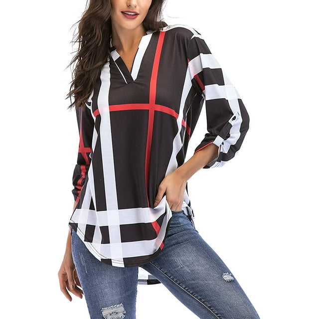 Chemise à Carreaux Manches 3/4 pour Femmes Tunique Col en V Pull Décontracté Blouses Tops