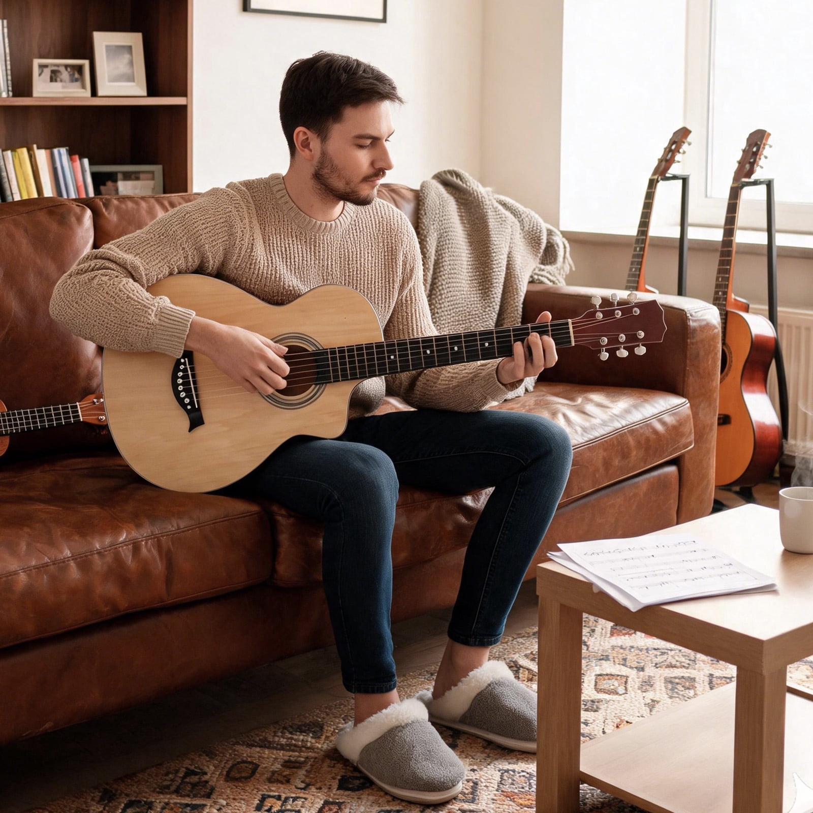 38-Inch Acoustic Guitar, JF Folk Body, Basswood Top and Neck, 6 Steel Strings, 21 Frets, Beginner Starter Kit with Gig Bag, Strap, Picks, Capo and Tuner