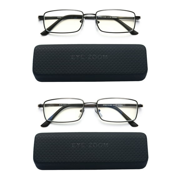 EYE ZOOM 2 Pack Rectangular Metal Frame Blue Light Blocking Reading Glasses,Black and Gunmetal, 1.25
