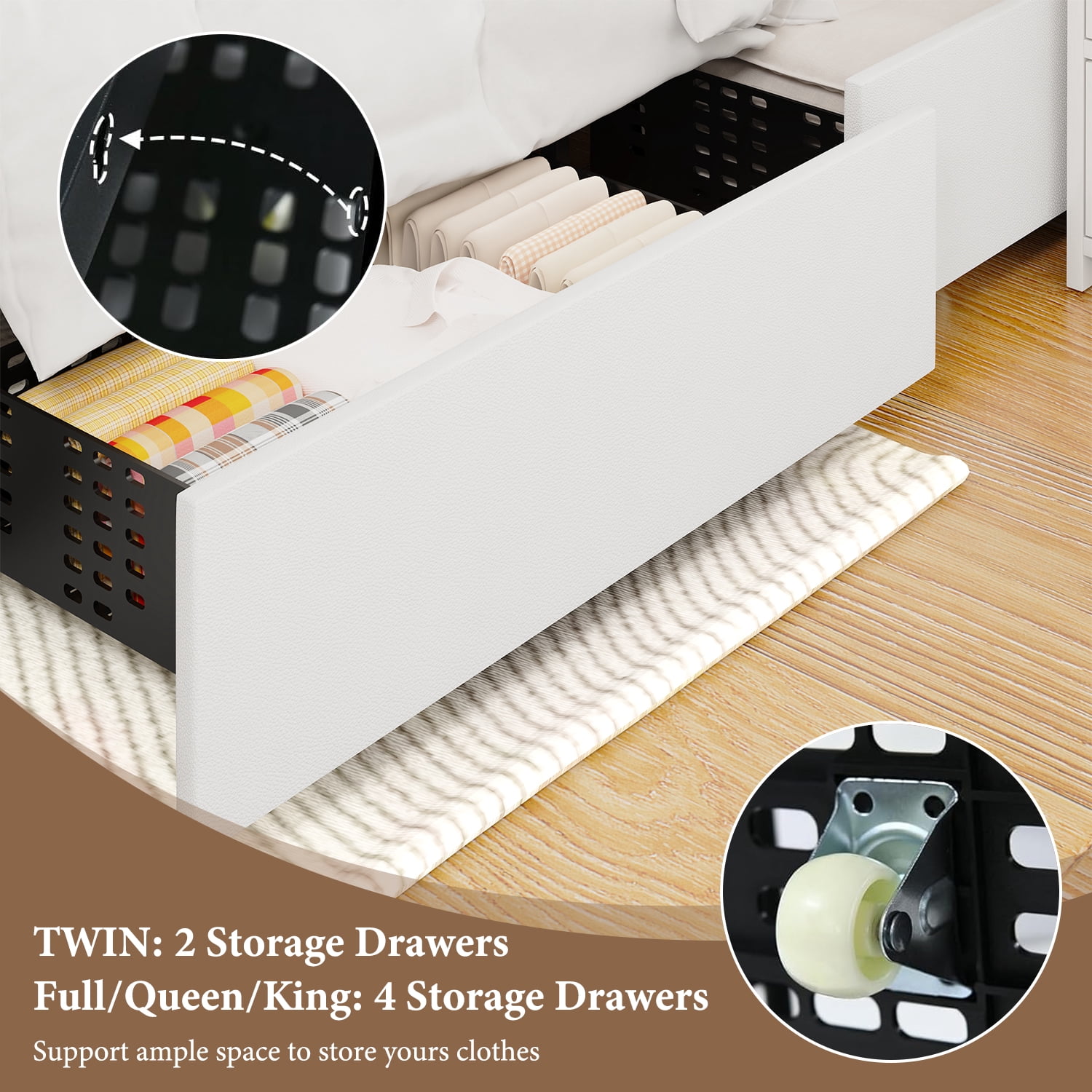 4 Ever Winner Twin Size Upholstered Bed Frame with LED Light, 2 Drawers, Diamond Tufted Headboard, White