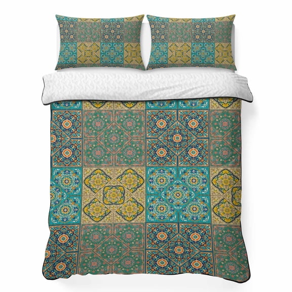 Quilts Full Size Bedding Set, Teal Yellow Boho Lightweight Quilted Comforter, Bohemian Geometric Flowers Plaid Soft Reversible Bedspread Coverlet with Pillow Covers for All Season, 78" x 90"
