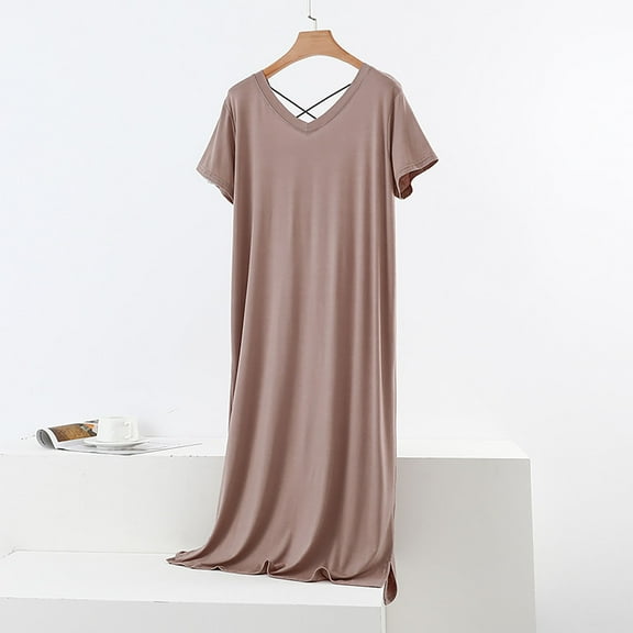 FDGIU Women's Short Sleeve Nightgown, V-Neck Loose Fit Comfy Sleepwear, Soft Loungewear