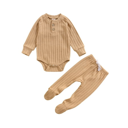 

Canrulo Newborn Infant Baby Girl Boy Clothes Soft Long Sleeve Romper Footed Pants Set Autumn Spring Warm Outfits Khaki 0-3 Months
