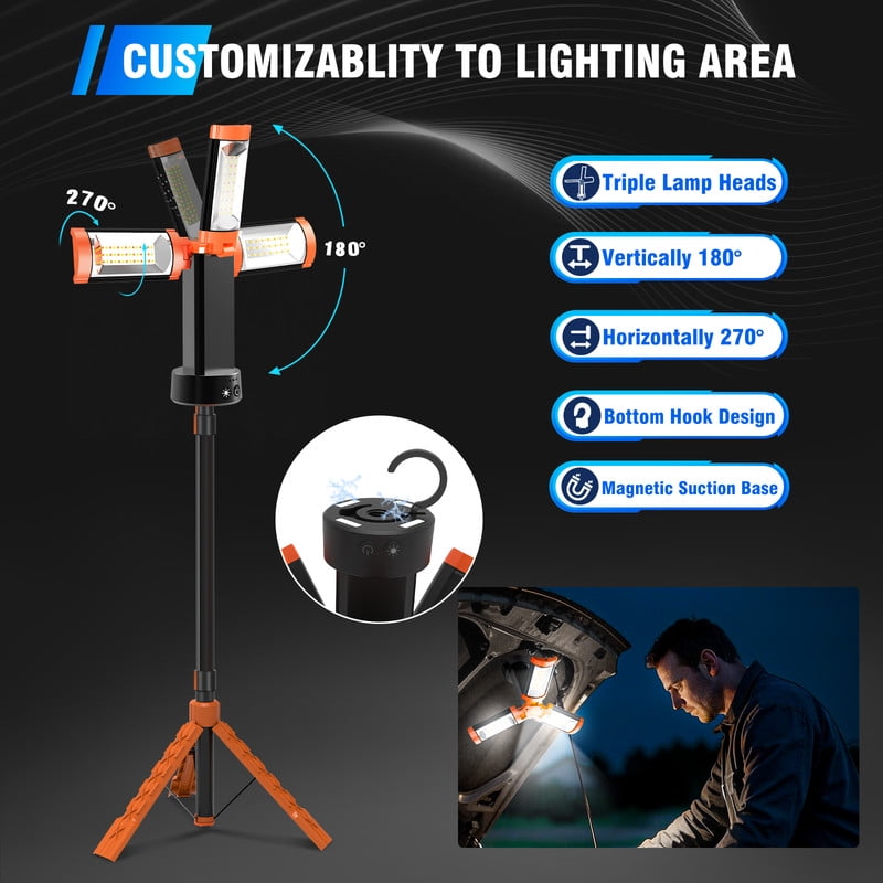 DIMGOGO Camping Light with Stand, 12000mAh Rechargeable Work Light, 10000 Lumen Dimmable Cordless Work Light with 3 LED Lamp Heads, Magnetic Emergency Flashlight with 79" Detachable Tripod