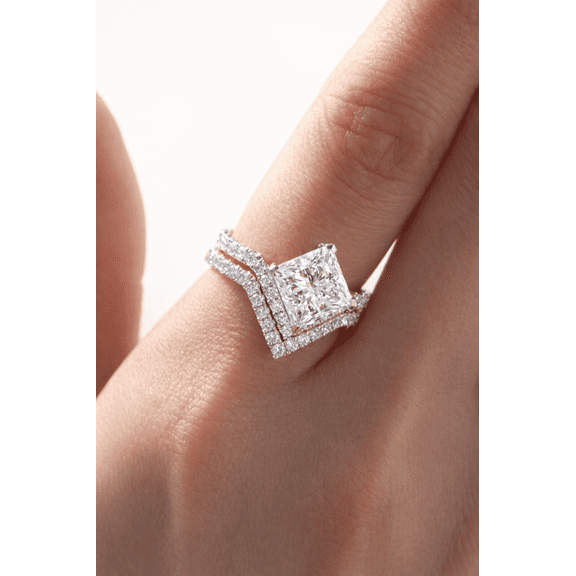 Jewelerix Princess Cut Moissanite Ring with Double Band, Split Shank Engagement Ring, Vermeil White Gold Ring, Modern Bridal Proposal Ring