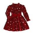 thumbnail image 2 of FAOWME Big Kids Girls Plush Dress Long Sleeve Star Print Ruffle Hem Bow Tie Belt Stylish Elegant Dresses For Autumn Winter Holiday Party Red 7-8 Years, 2 of 8