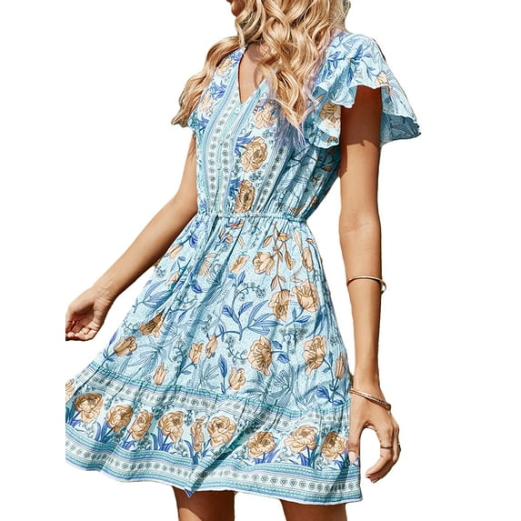 hirigin Summer Short Sleeve Dresses for Women, Floral Printed Waist Tie Up V Neck Loose Fit Street Style Dress, Casual Simple One-Piece Clothes