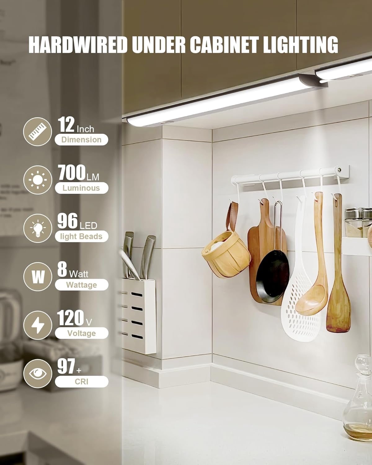 JJEAN-Hardwired Under Cabinet Lighting, 12 inch 3CCT with Triac Dimmable, 8W Linkable Under Counter Lights for Kitchen, CRI 97, 96 LED 700 Lumen Under Cabinet Lights with 2 Cord, Brown