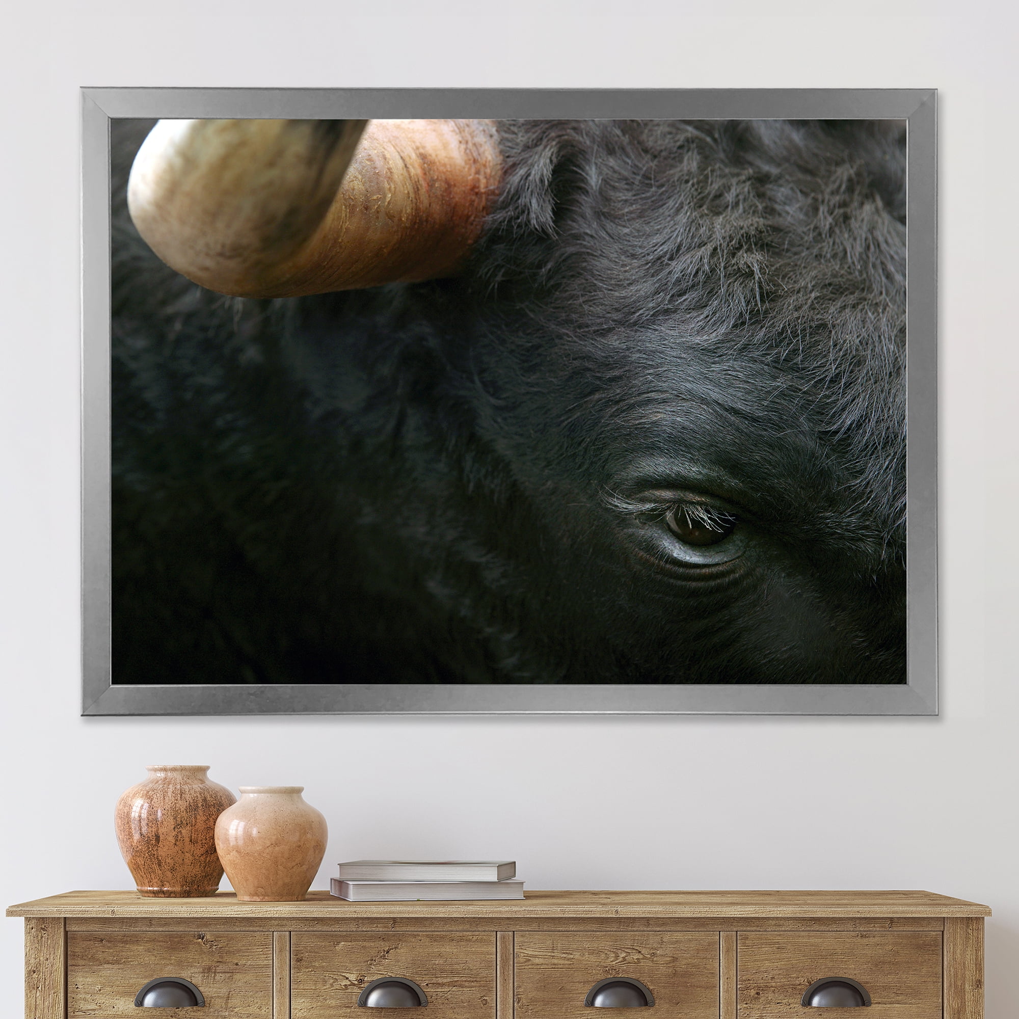 Designart 'Close-Up Of Eye Fighting Bull Head ' Farmhouse Framed Art Print