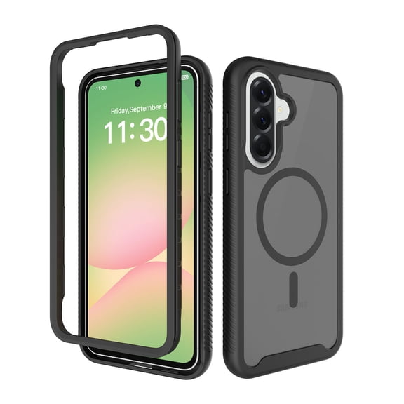 ELEHOLD Full Body Case for Samsung Galaxy A57, 360 Shockproof Semi-Transparent Matte Black Cover with Front Frame, Compatible MagSafe Accessories,Black