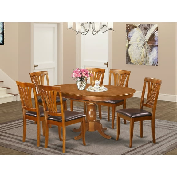 East West Furniture Portland 7-piece Wood Dining Set with Leather Seat in Brown