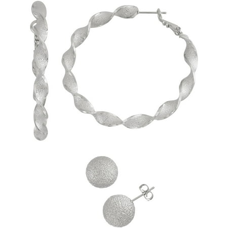 X & O Silver-Tone Textured Twisted Hoop and Textured Stud Earring Set, Sizes 50mm and 12mm, 2 Pairs