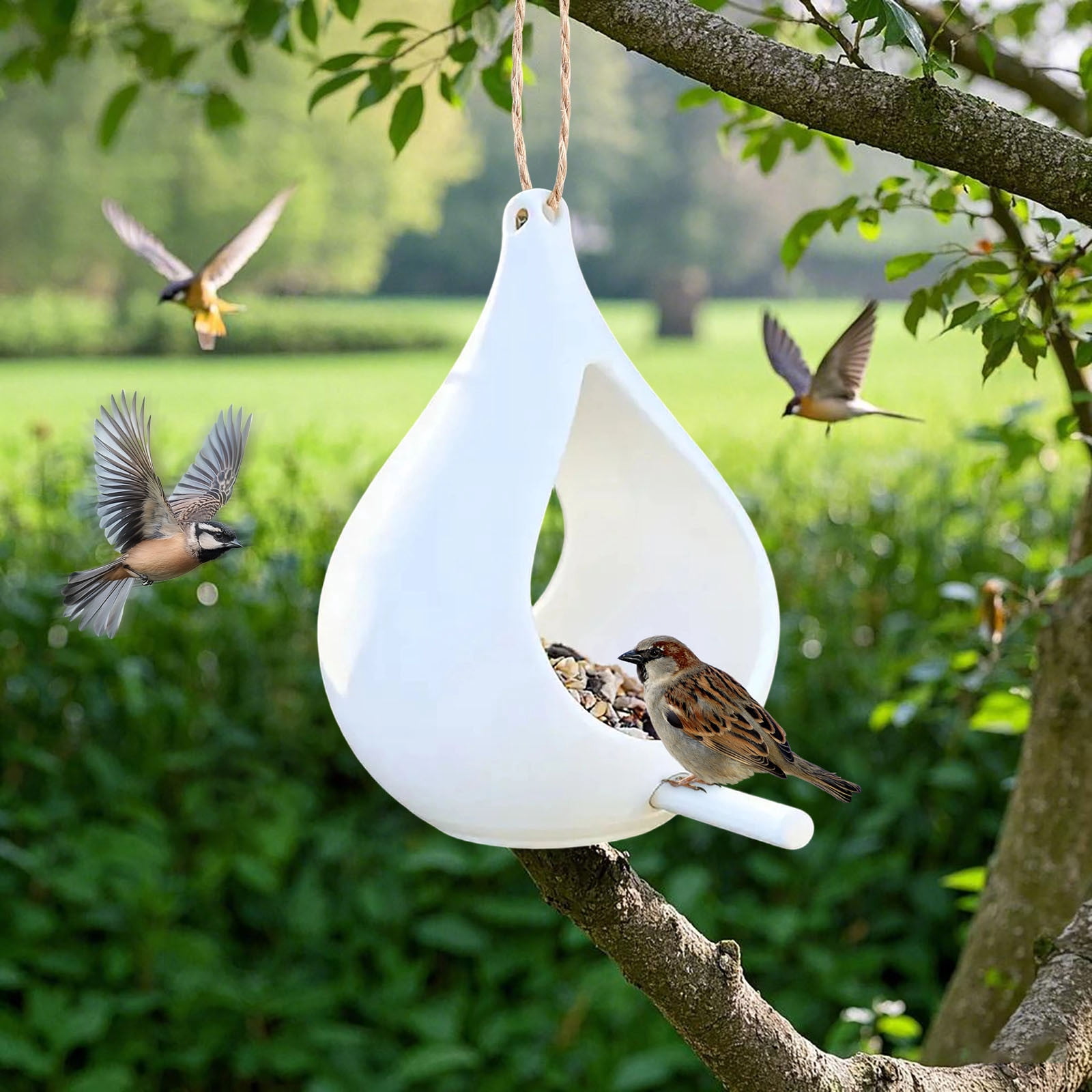 Handcrafted Hanging Fly-Through Feeder for Outdoor Garden & Backyard, Glass Bird Feeder, Decorative Wild Bird Feeder with Steel Wire Cable for Attracting Wilds Birds