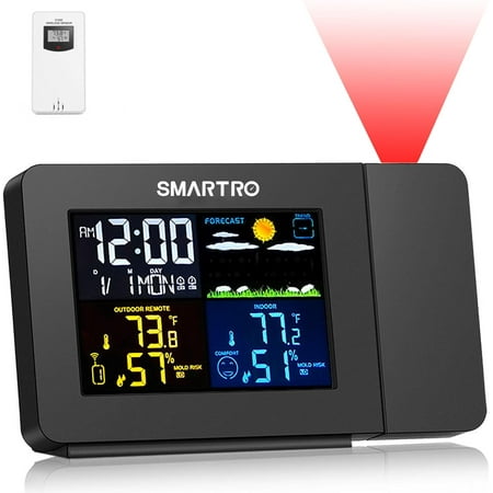 SC91 Projection Alarm Clock for Bedrooms with Weather Station, Wireless Indoor Outdoor Thermometer, Temperature Humidity Monitor Gauge Hygrometer