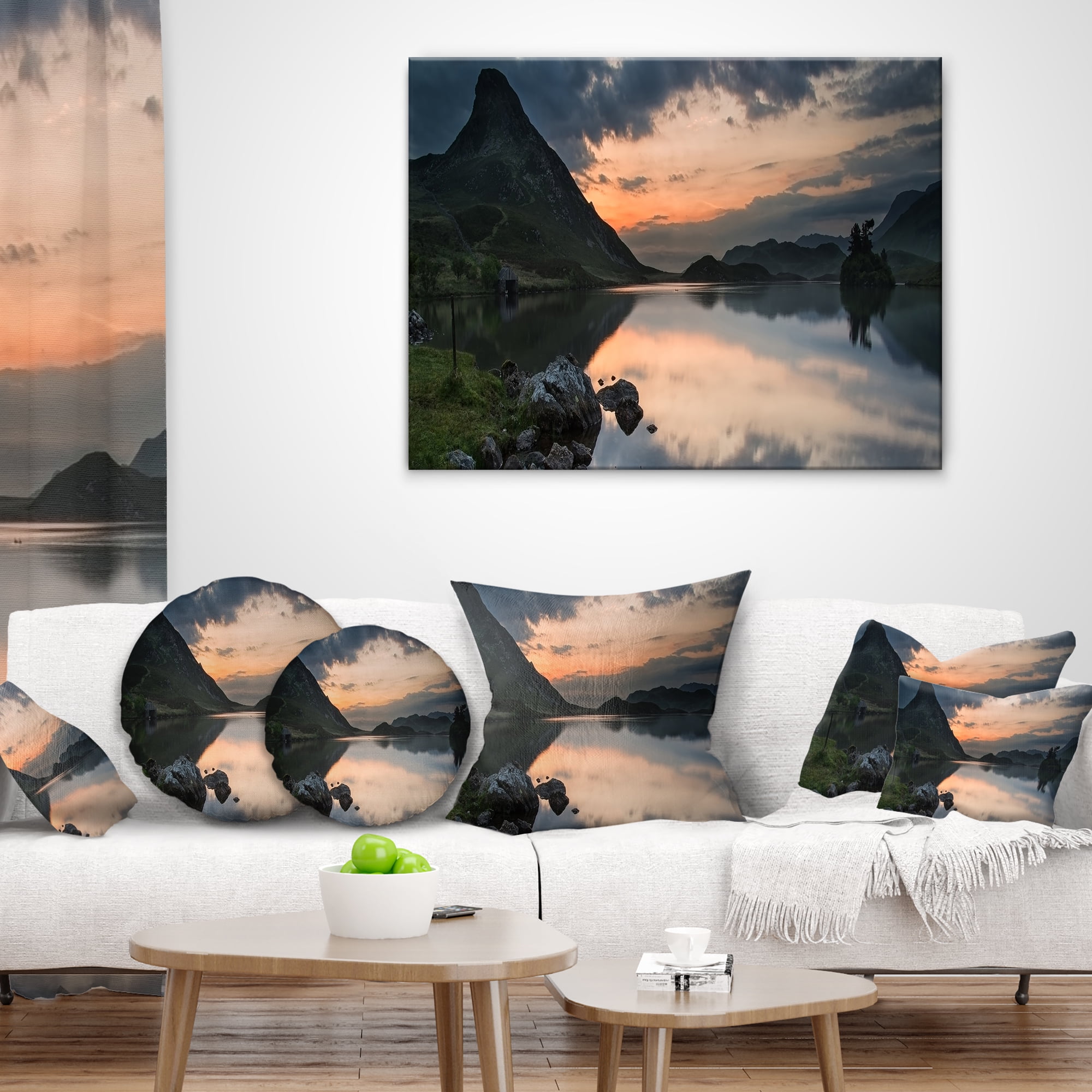 Designart Stunning Sunrise over Lake Panorama - Landscape Printed Throw Pillow - 16x16